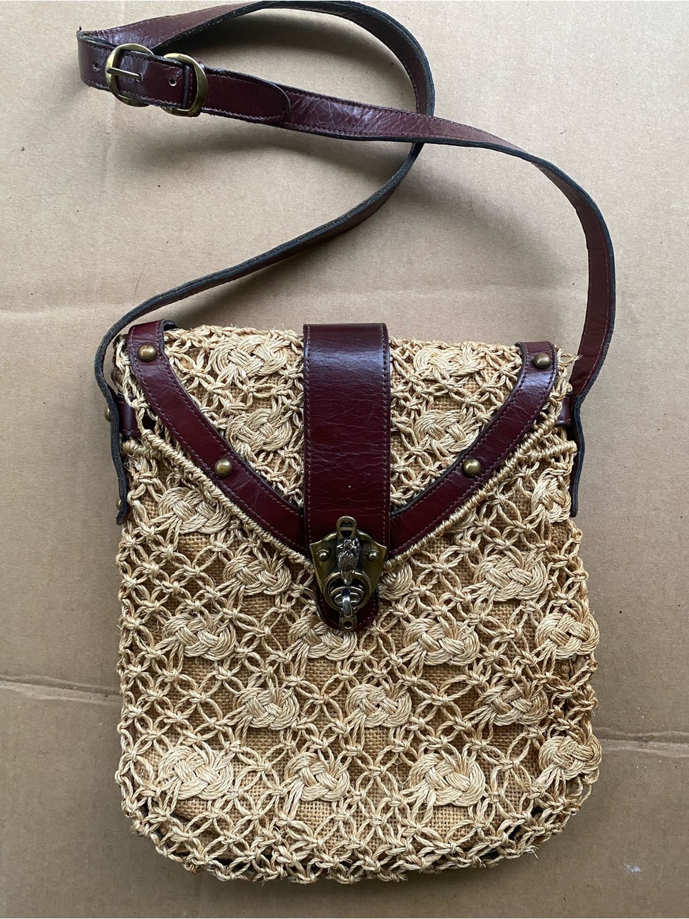 ETIENNE AIGNER - handmade Woven Straw Crossbody Bag w/ Oxblood Leather Trim